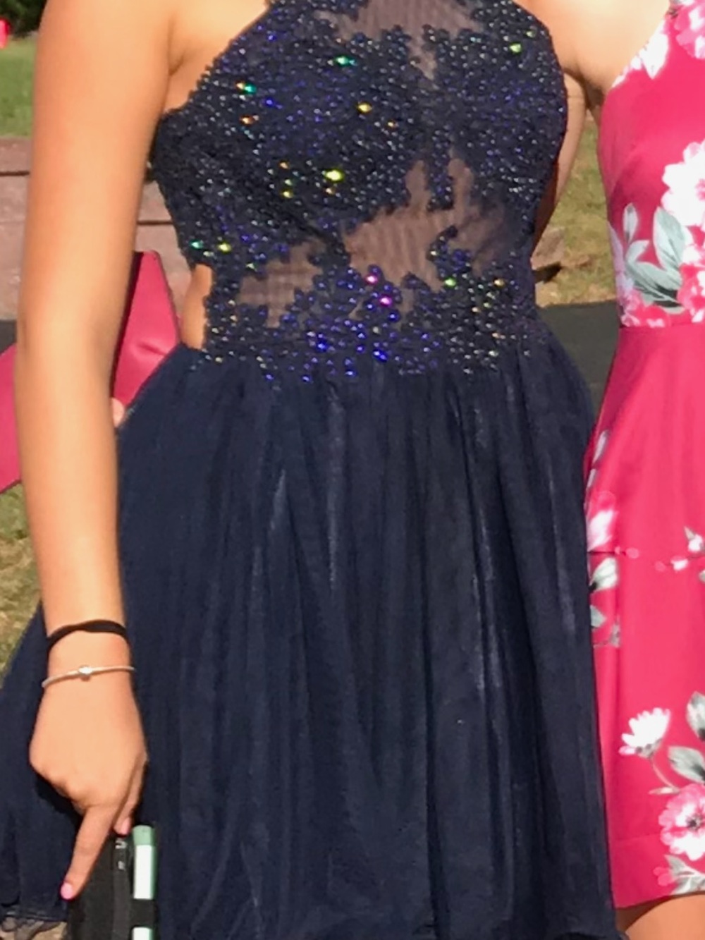Beautiful beaded bodice navy blue dress, perfect for homecoming or prom